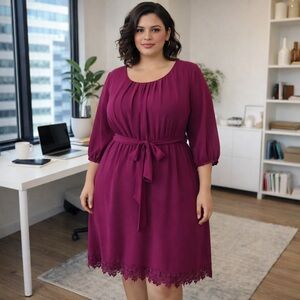 My Michelle Magenta Berry Midi Dress Plus Sz 3X Crochet Lace Hem Tie Waist Curvy